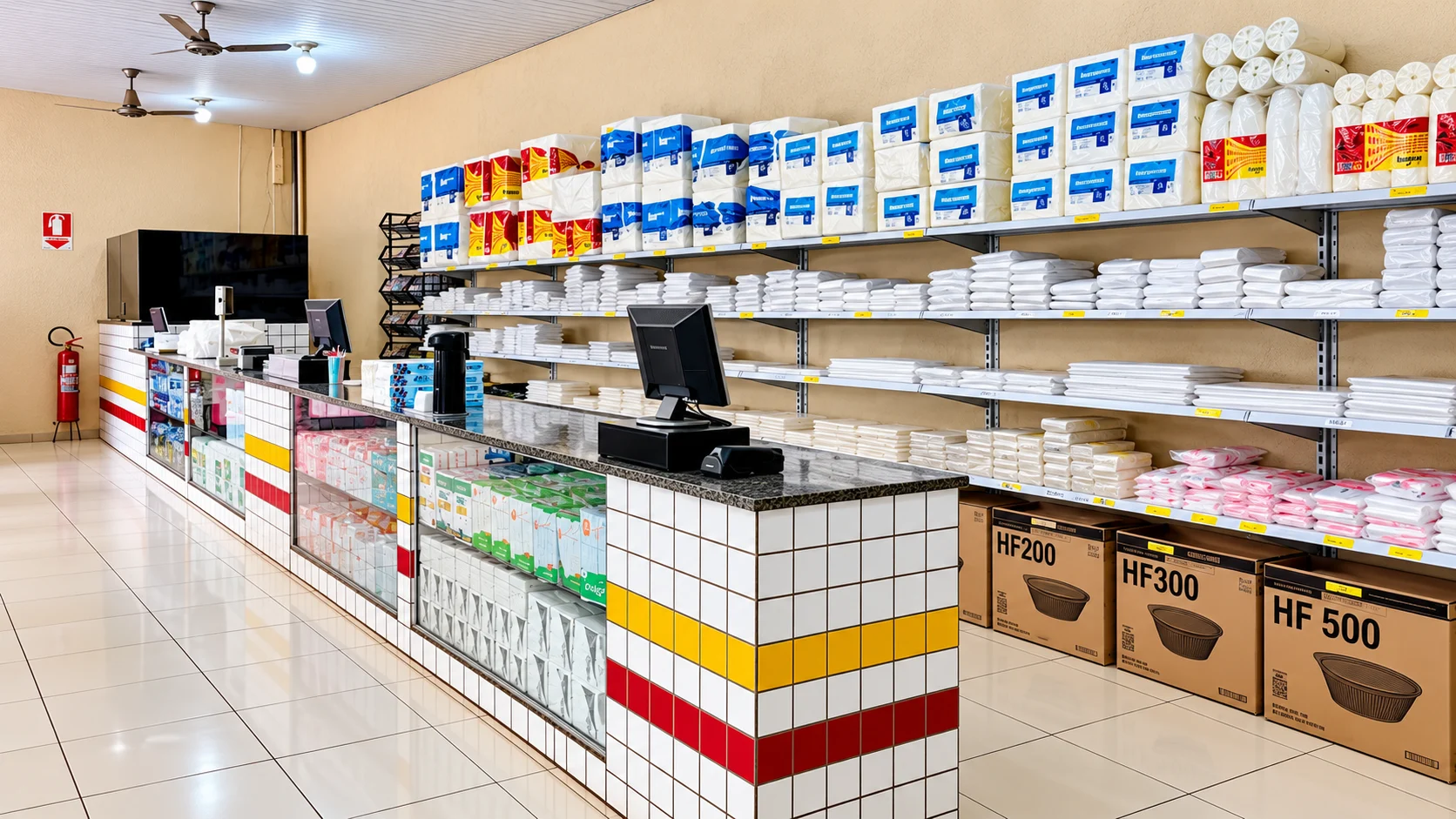 Balcão de atendimento da Riber Plast com papéis e produtos nas prateleiras