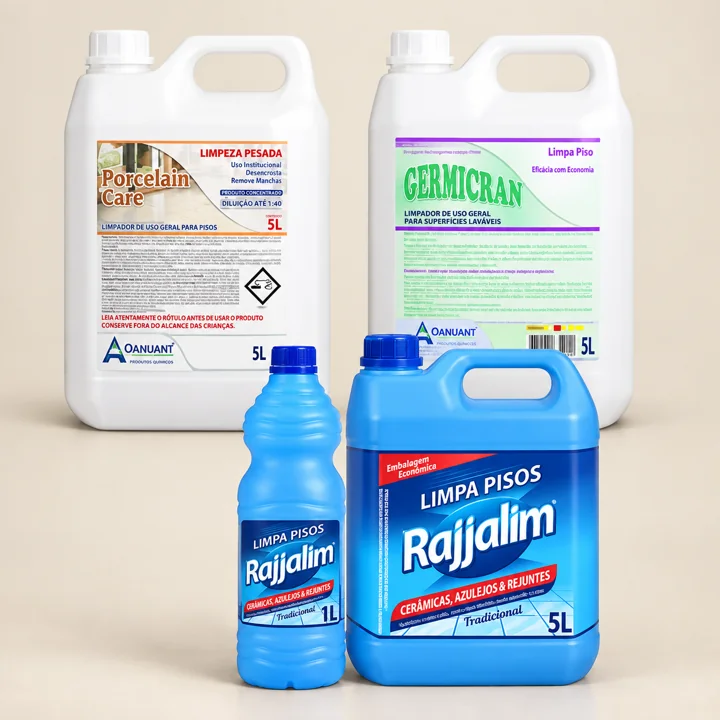 Frascos e galões de produtos para limpeza de pisos